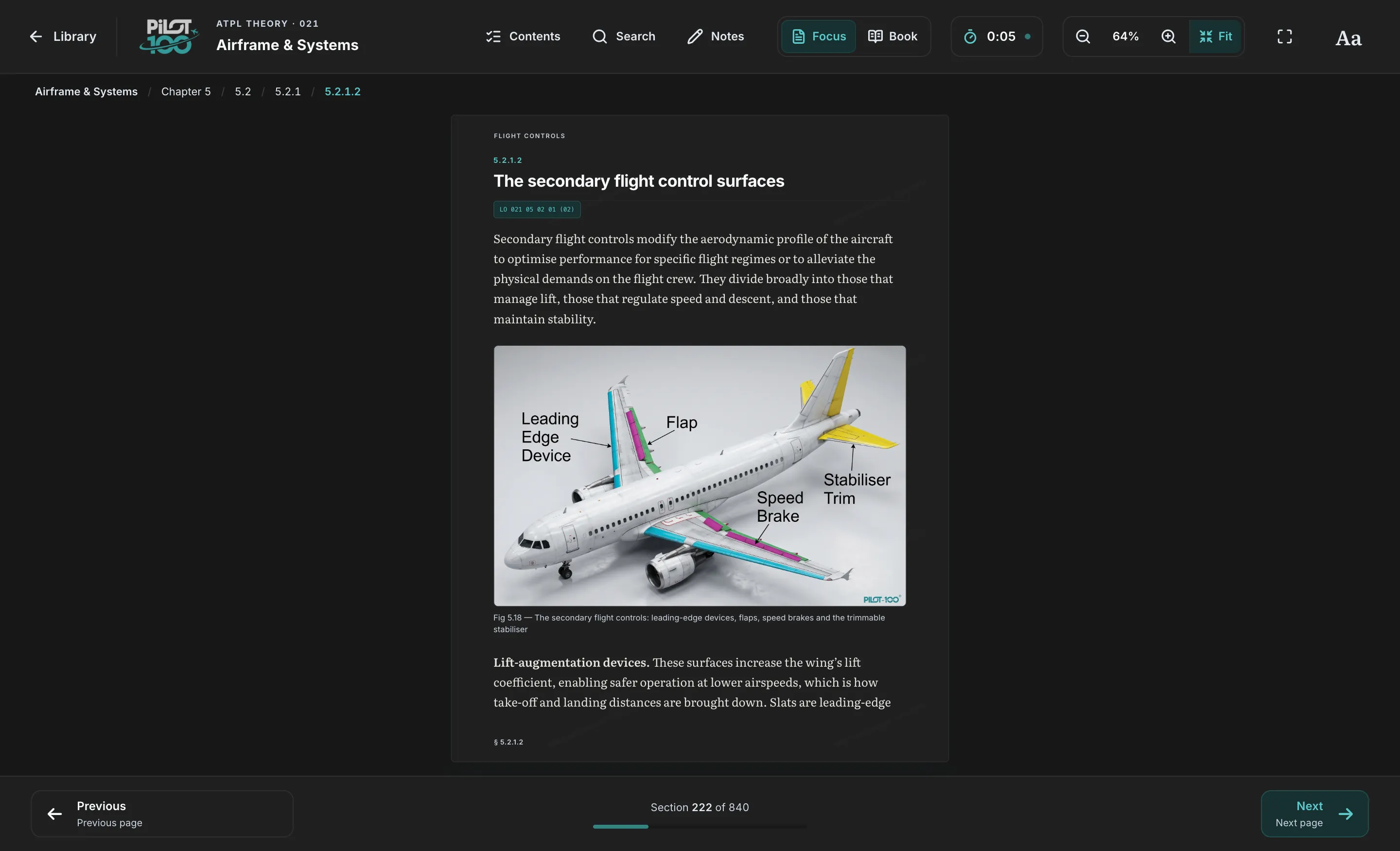 The Pilot 100 Library reader open on Airframe & Systems, section 5.2.1.2, with a figure of an airliner's slats, flaps, speed brakes and stabiliser trim.