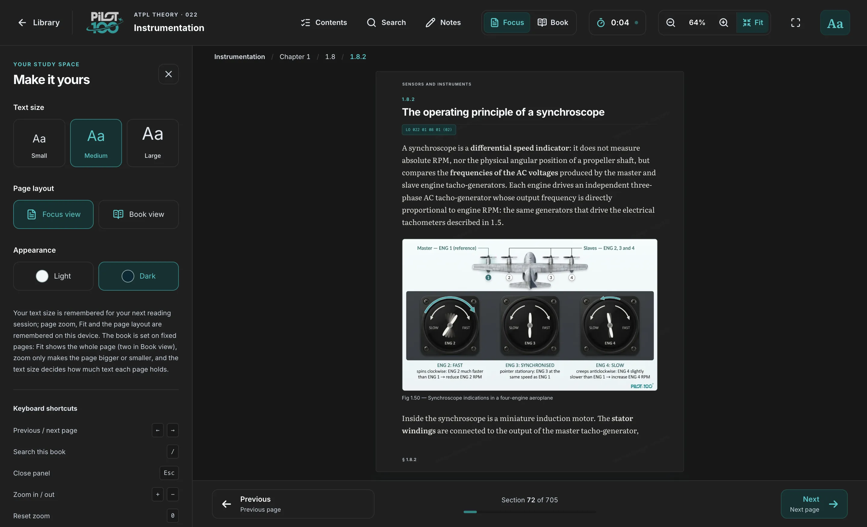 The reading settings panel — text size, page layout and appearance — beside an Instrumentation page with a synchroscope figure.